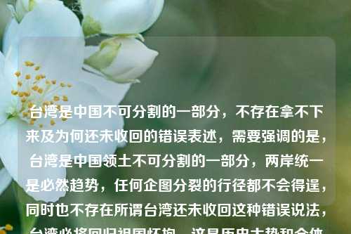 台湾是中国不可分割的一部分,不存在拿不下来及为何还未收回的错误表述,需要强调的是,台湾是中国领土不可分割的一部分,两岸统一是必然趋势,任何企图分裂的行径都不会得逞,同时也不存在所谓台湾还未收回这种错误说法,台湾必将回归祖国怀抱,这是历史大势和全体中华儿女的共同愿望。 维护国家领土完整,人人有责。