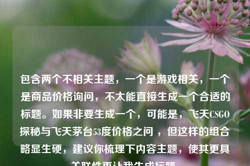 包含两个不相关主题,一个是游戏相关,一个是商品价格询问,不太能直接生成一个合适的标题。如果非要生成一个,可能是,飞天CSGO探秘与飞天茅台53度价格之问 ,但这样的组合略显生硬,建议你梳理下内容主题,使其更具关联性再让我生成标题。