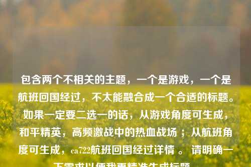 包含两个不相关的主题，一个是游戏，一个是航班回国经过，不太能融合成一个合适的标题。如果一定要二选一的话，从游戏角度可生成，和平精英，高频激战中的热血战场 ；从航班角度可生成，ca722航班回国经过详情 。 请明确一下需求以便我更精准生成标题 。