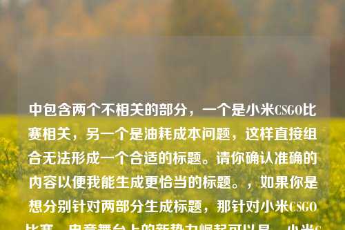 中包含两个不相关的部分,一个是小米CSGO比赛相关,另一个是油耗成本问题,这样直接组合无法形成一个合适的标题。请你确认准确的内容以便我能生成更恰当的标题。,如果你是想分别针对两部分生成标题,那针对小米CSGO比赛,电竞舞台上的新势力崛起可以是,小米CSGO比赛,电竞舞台新势力崭露头角 ;针对14油耗投多少钱一公里可以是,揭秘14油耗一公里的花费 。