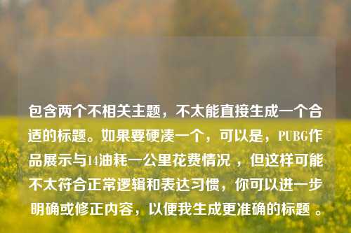 包含两个不相关主题,不太能直接生成一个合适的标题。如果要硬凑一个,可以是,PUBG作品展示与14油耗一公里花费情况 ,但这样可能不太符合正常逻辑和表达习惯,你可以进一步明确或修正内容,以便我生成更准确的标题 。