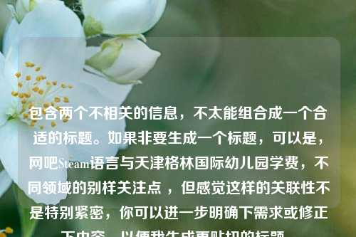 包含两个不相关的信息,不太能组合成一个合适的标题。如果非要生成一个标题,可以是,网吧Steam语言与天津格林国际幼儿园学费,不同领域的别样关注点 ,但感觉这样的关联性不是特别紧密,你可以进一步明确下需求或修正下内容,以便我生成更贴切的标题 。
