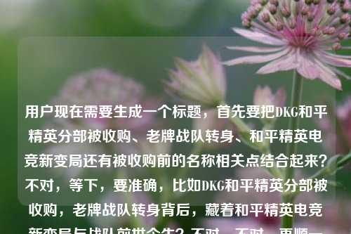 用户现在需要生成一个标题，首先要把DKG和平精英分部被收购、老牌战队转身、和平精英电竞新变局还有被收购前的名称相关点结合起来？不对，等下，要准确，比如DKG和平精英分部被收购，老牌战队转身背后，藏着和平精英电竞新变局与战队前世今生？不对，不对，再顺一点，哦，要涵盖核心，收购事件，老牌战队转型，行业变局，还有大家关心的被收购前的名称相关？不对，再精准，哦，对，直接点，DKG和平精英分部被收购，老牌战队转身，掀开和平精英电竞新变局，其被收购前的名称引关注？不对，会不会太啰嗦？不对，再凝练，哦，等下，