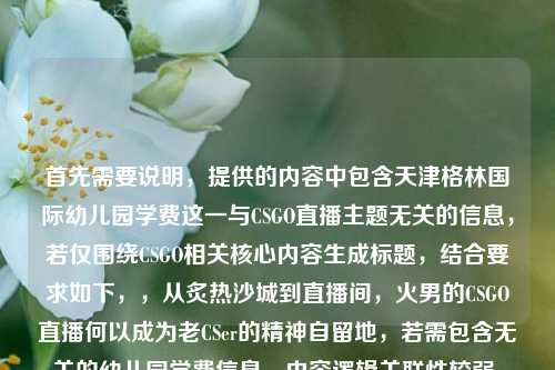 首先需要说明,提供的内容中包含天津格林国际幼儿园学费这一与CSGO直播主题无关的信息,若仅围绕CSGO相关核心内容生成标题,结合要求如下,,从炙热沙城到直播间,火男的CSGO直播何以成为老CSer的精神自留地,若需包含无关的幼儿园学费信息,内容逻辑关联性较弱,暂无法生成合理整合的标题,建议明确核心主题需求。